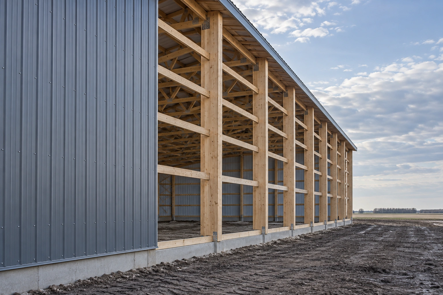 Long commercial post-frame building with storefront glazing and dock-height overhead doors on the edge of a prairie town