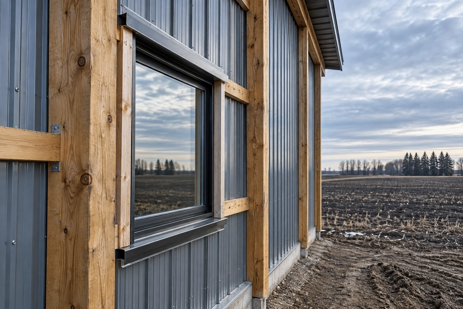 Gable end showing a sliding door, glazed overhead door, walk door and awning windows in dark frames