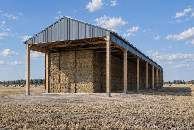 Open-sided hay storage building stacked with large square bales on a cut field in the Red River Valley