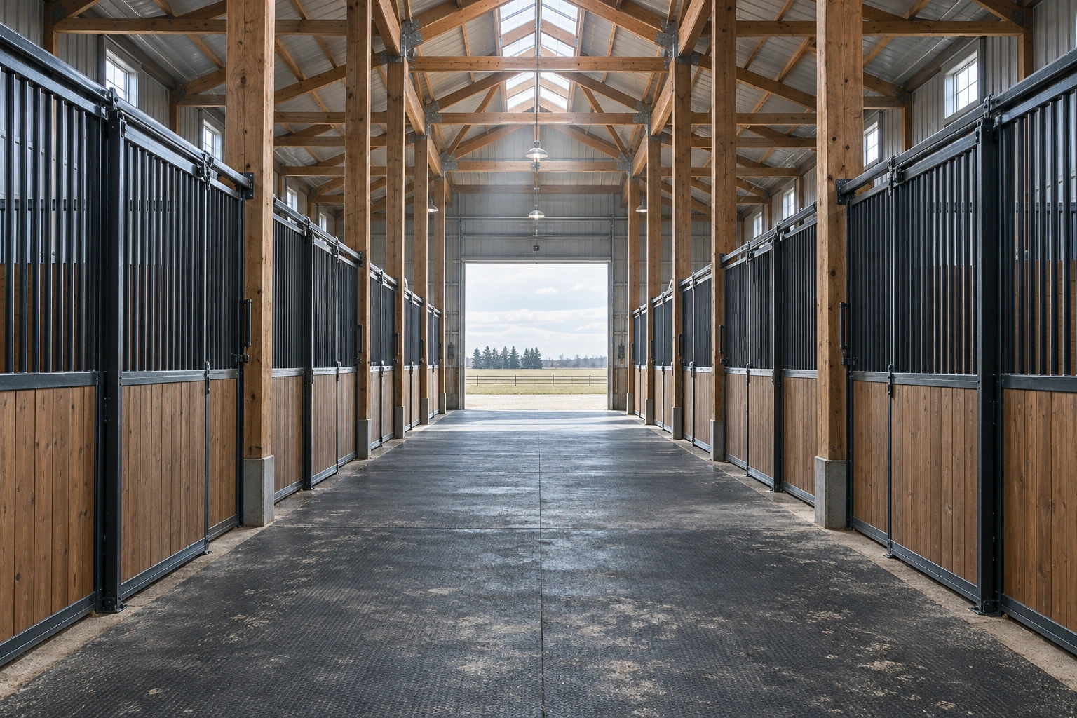 Post-frame horse barn with Dutch doors and sand paddock on a flat acreage near Fargo