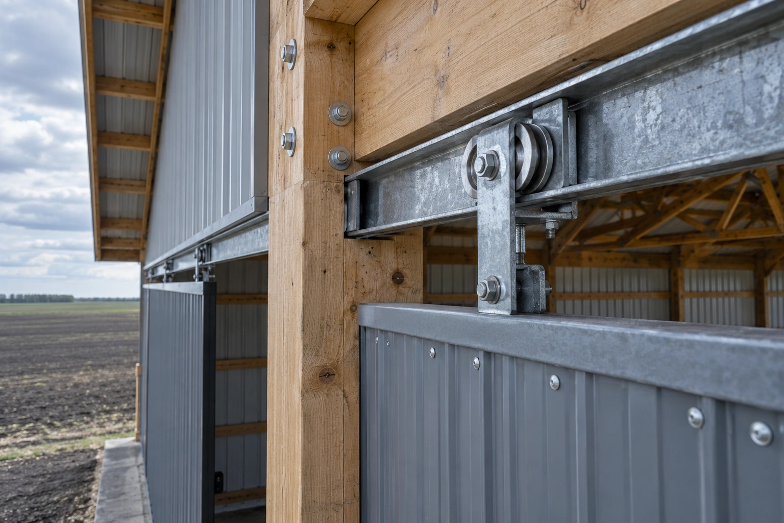 Heavy sliding door track and trolley hanger at the head of a machine shed opening