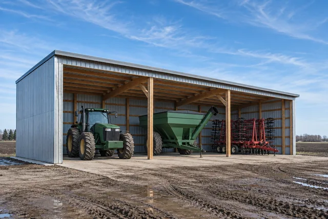 Open-front machine shed sheltering a tractor and grain cart on flat prairie near Fargo