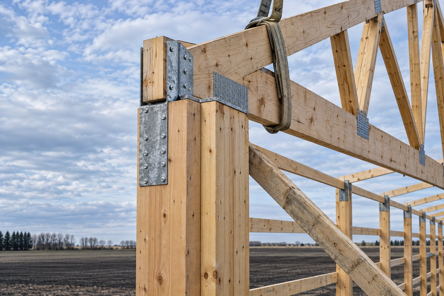 Post-frame building shell mid-construction with columns braced, trusses set and roof steel going on