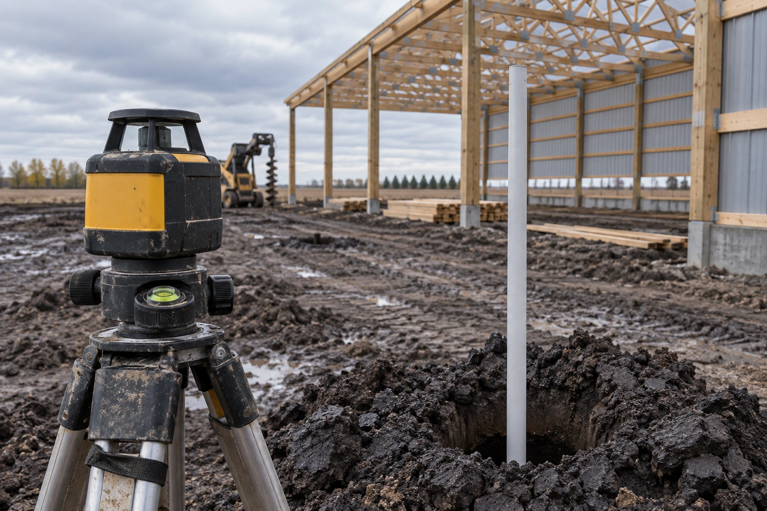 Staked-out building footprint with batter boards and marking paint on bare black clay ground