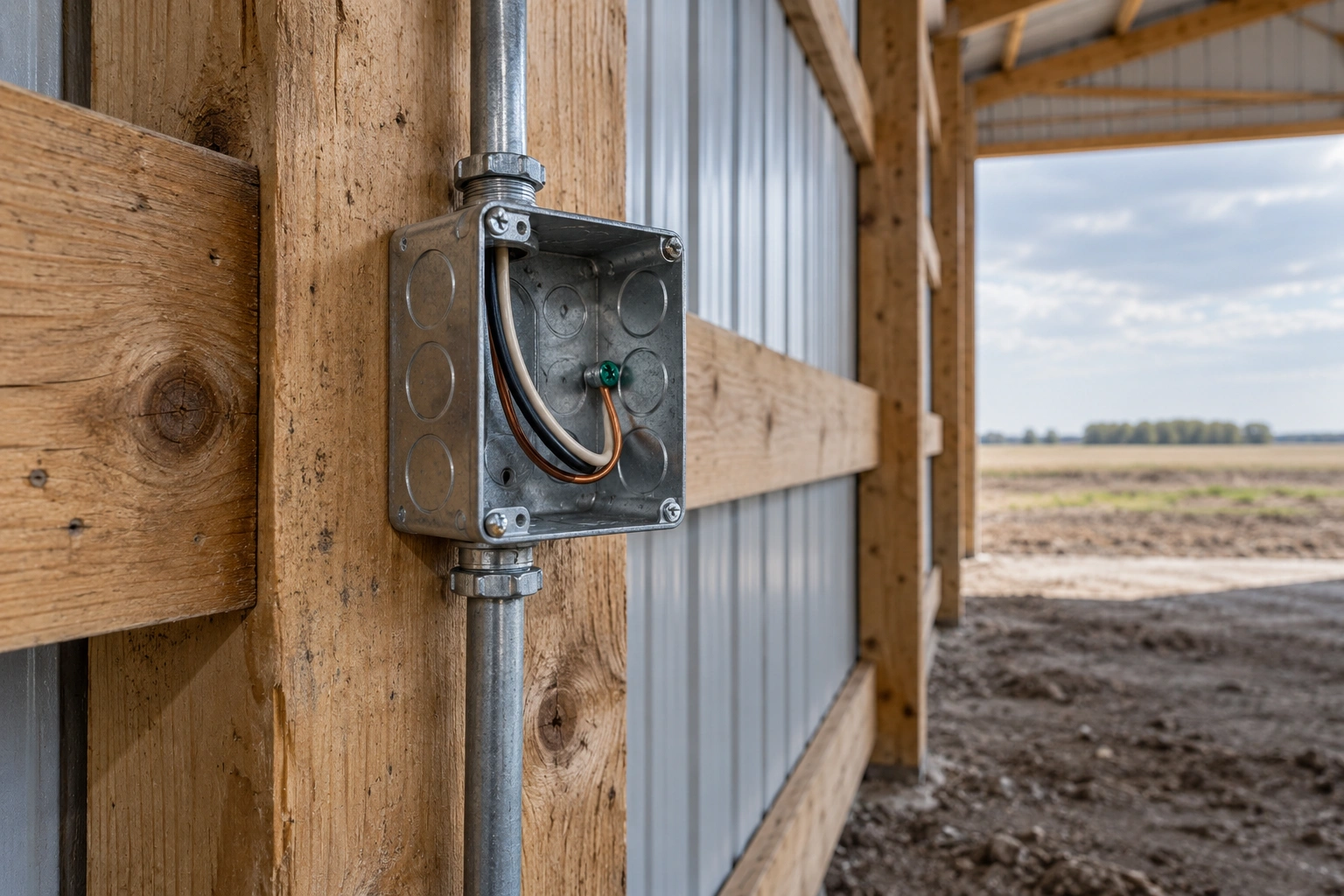 Interior of an unfinished post-frame shell with conduit runs and metal boxes mounted along the girts