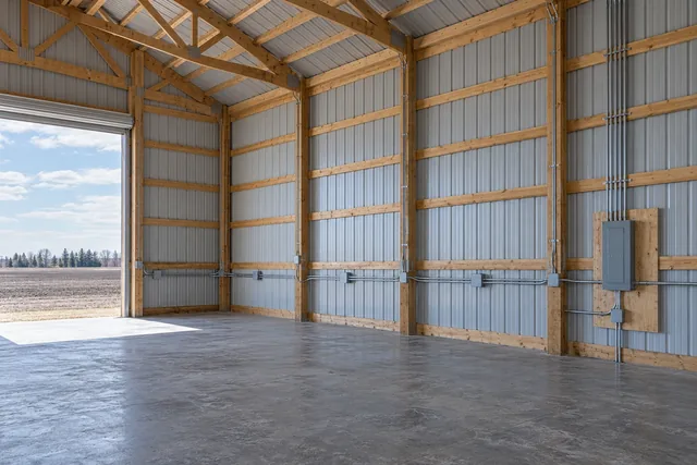 Interior of an unfinished post-frame shell with conduit runs and metal boxes mounted along the girts