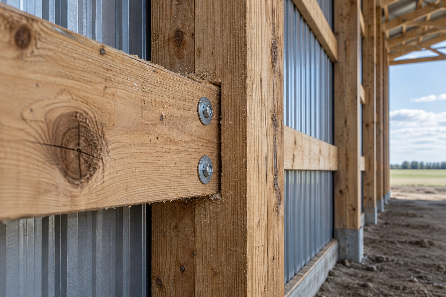 Complete post-frame skeleton of columns, trusses and purlins against a prairie sky before cladding
