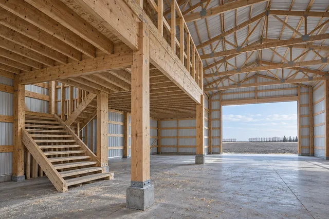 Newly framed loft inside a pole barn with floor joists, subfloor decking and a partly built staircase