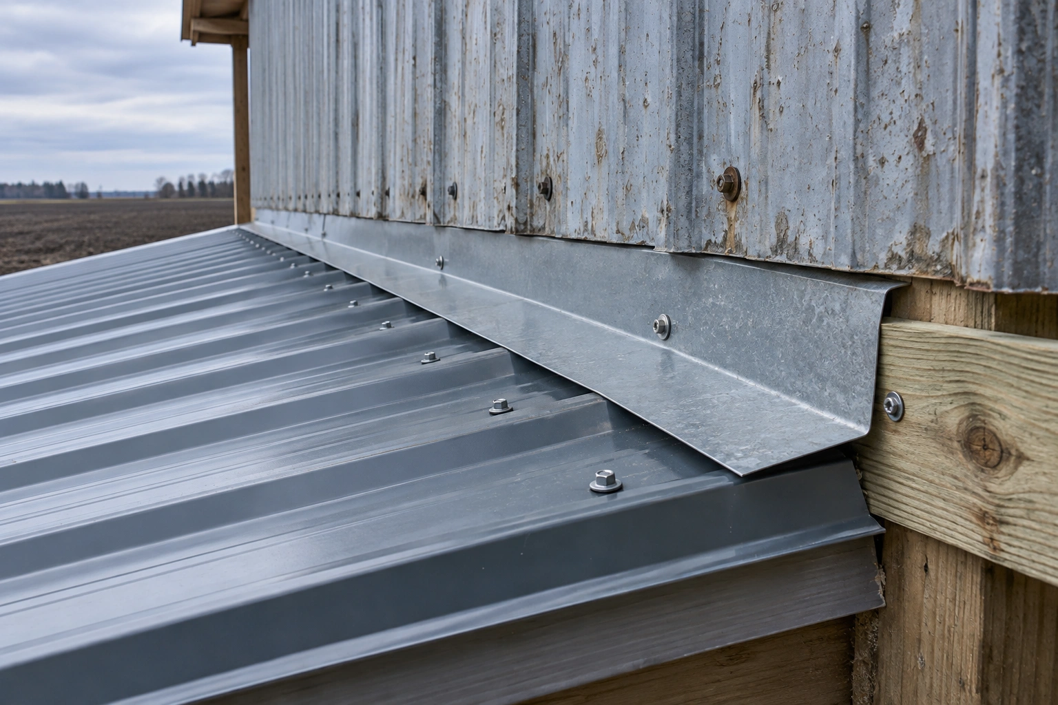 New lean-to addition being framed off the sidewall of an existing weathered pole barn