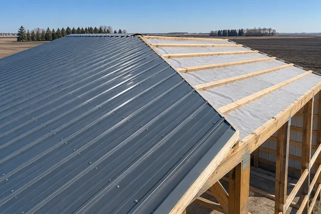 Steel roof panels part installed over purlins with neat fastener rows and the ridge still open