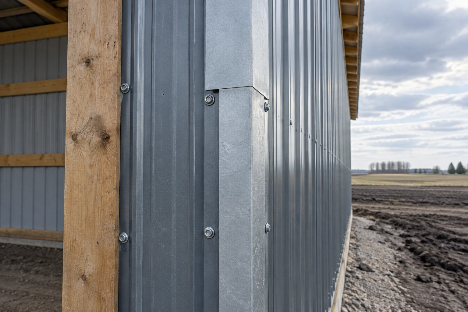 Long post-frame sidewall part clad, with the dark wainscot installed and bare girts still showing at one end
