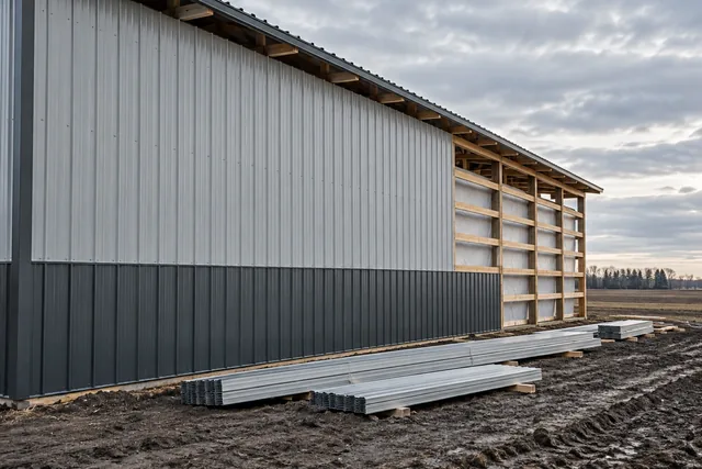 Long post-frame sidewall part clad, with the dark wainscot installed and bare girts still showing at one end