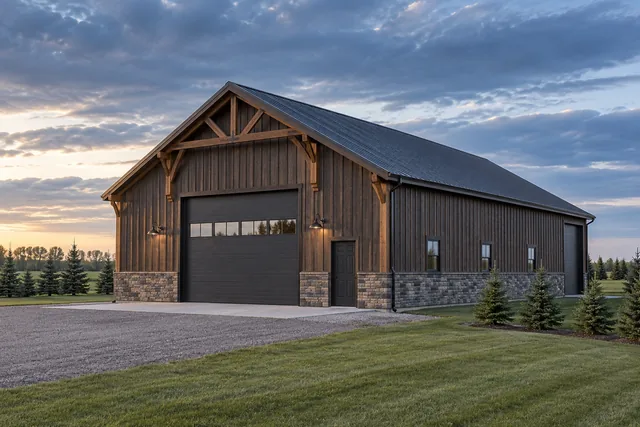 Post-frame building clad in dark stained board and batten siding with a dark metal roof and stone skirt